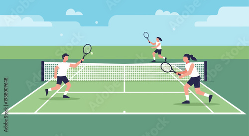 Four people playing doubles tennis match.