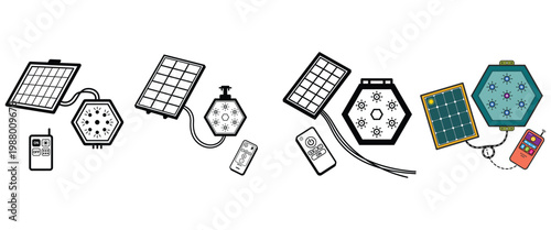 Solar powered hexagonal light system with remote control and panel icons for renewable energy technology and smart home.