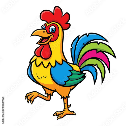 Cartoon Rooster Walking Happily With Colorful Feathers