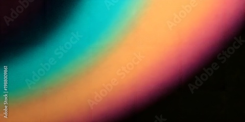 Grainy Vibrant Teal Orange Pink Neon Arc Glow on Dark Background – Ethereal Abstract Futuristic Sci-Fi Light Ray Texture Backdrop