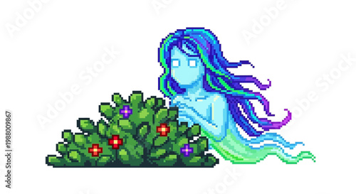 Pixel Art Ghostly Figure Beside Decorated Christmas Tree.