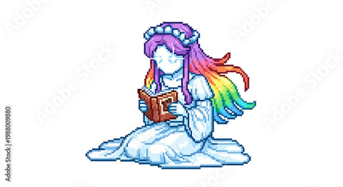 Pixel Art Ghostly Figure Reading a Book with Rainbow Hair.