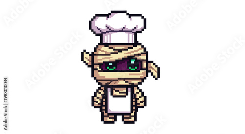 Pixel Art Mummy Chef Character Wearing Chef Hat and Apron.