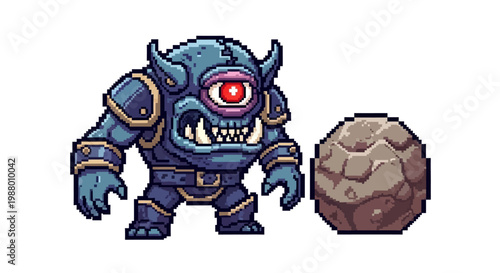 Pixel Art Cyclops Monster with Large Rock.