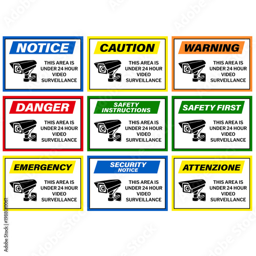 Security Notice Surveillance Cameras In Use Safety Sign - 1 Set (9 pcs)