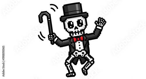 Pixel Art Dancing Skeleton with Top Hat and Cane.