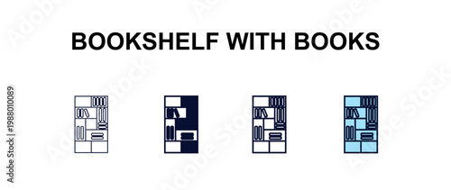 bookshelf with books multi-style outline icon set - education concept. Thin line, regular, filled, colored bookshelf with books icon