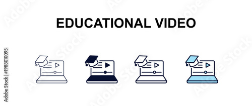 educational video multi-style outline icon set - education concept. Thin line, regular, filled, colored educational video icon