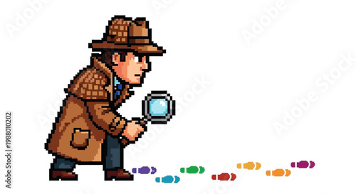 Pixel Art Detective Investigating Colorful Footprints with Magnifying Glass.
