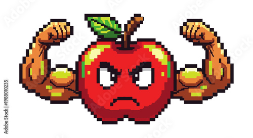 Pixel Art Muscular Apple Character Flexing Biceps.