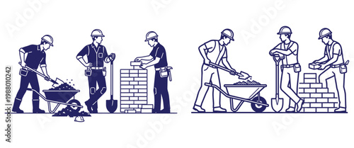 Two sets of illustrations showing construction workers laying bricks and using wheelbarrows.