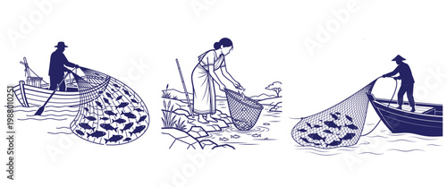 Three illustrations depicting fishermen and a woman using fishing nets to catch fish in water.