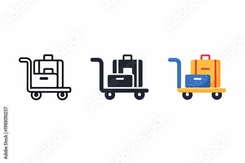 Luggage trolleys: line art, flat icon, colorful design variations