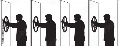 A silhouette of a businessman turning a wheel in a partitioned office