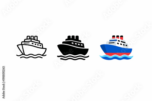 Cruise ship icons: outline, silhouette, and colored variants