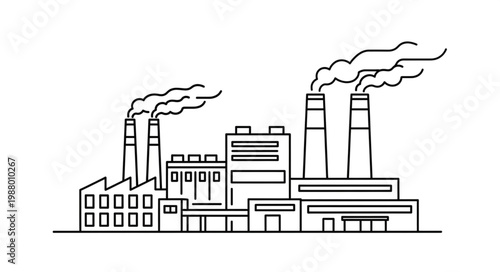 Industrial Factory Building with Smoke Stacks Emitting Pollution.