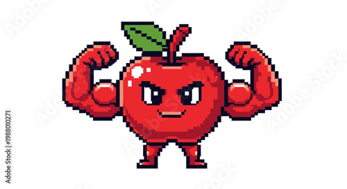 Pixel Art Muscular Apple Character Flexing Biceps.
