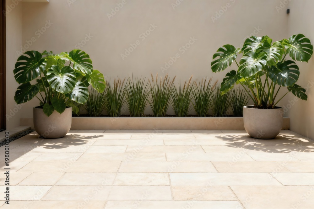 Fototapeta premium Modern Backyard Garden with Minimalist Green Plants in Soft Natural Light