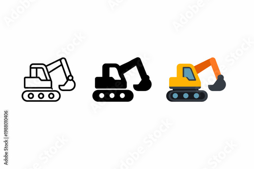 Excavator icon set: outline, solid, and colorful variants