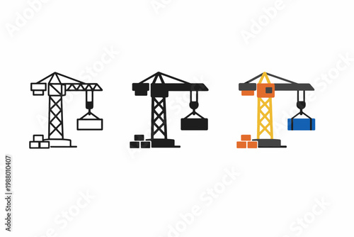 Construction cranes icon set illustrating different colors and styles