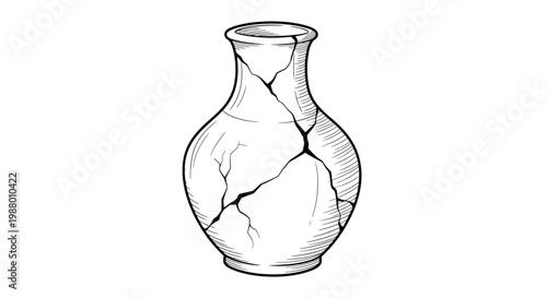 A detailed black and white sketch depicts a fragmented ceramic vase with visible repair lines