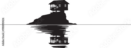 A serene black silhouette of a house on a small island