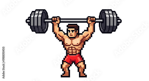 Pixel Art Muscular Man Lifting Heavy Barbell Weight.