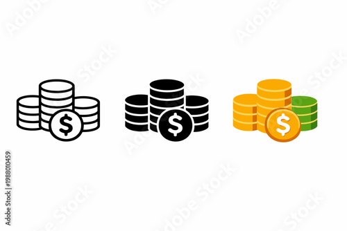 Colorful coin stacks: monochrome, black, and multicolored money icons