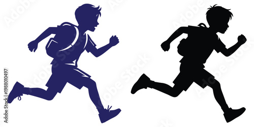 Boy with backpack running silhouette, motion blur effect, conveying speed and movement.