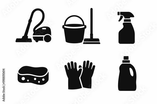 Essential cleaning tools icons: vacuum, mop, spray bottle, sponge, gloves, detergent