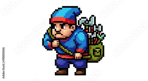 Pixel Art Golfer Character Carrying Golf Bag on Back.