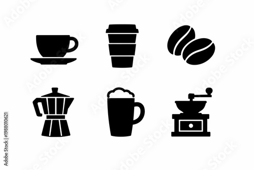 Coffee icons: cup, to-go cup, beans, percolator, mug, grinder silhouettes