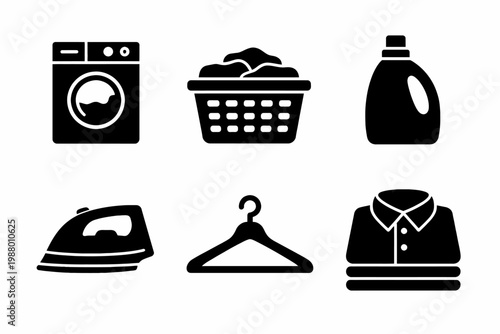 Laundry icons set: washer, basket, detergent, iron, hanger, folded shirt
