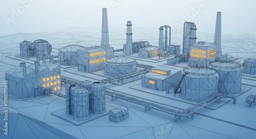 Industrial Factory Covered in Snow and Ice.