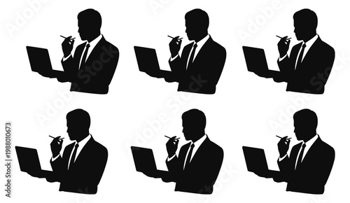 Black Solid Business Analysts Pointing Pencil Silhouettes Set