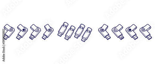 Selection of usb flash drive storage devices in various angles and styles isolated on white background digital hardware.