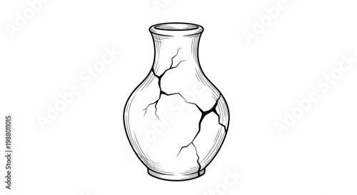 A detailed black and white sketch depicts a cracked rounded vase with a narrow neck