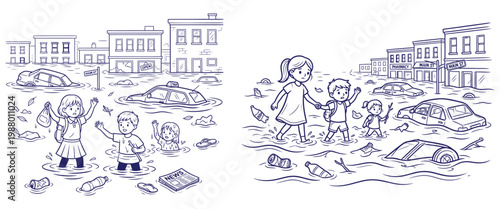 Children wading through flood water in city street during natural disaster environmental emergency line art illustration.