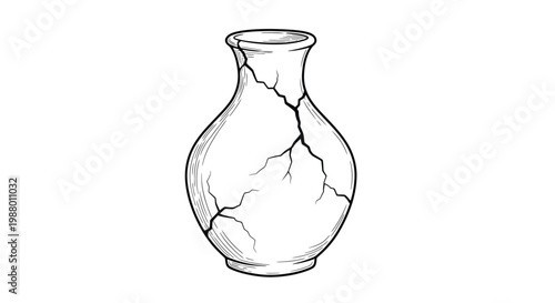 A detailed black and white sketch depicts a cracked and broken ceramic vase with visible damage