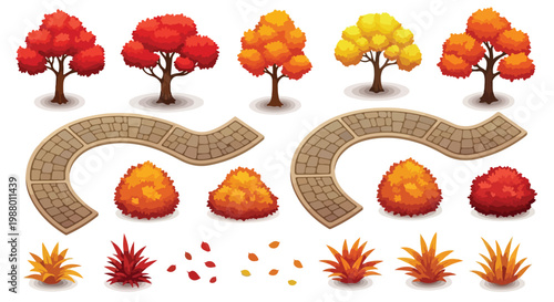 Set of Autumn Season Vector Trees, Bushes, and Stone Paths