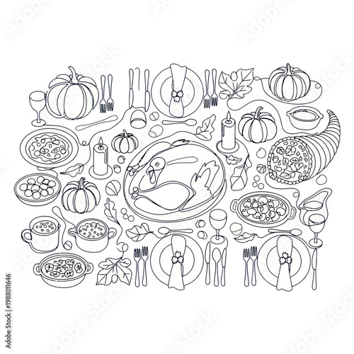 Thanksgiving Dinner Table Setting Line Art Illustration