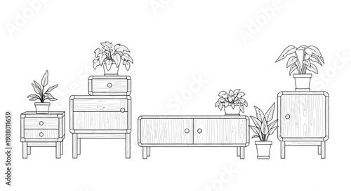 A minimalist line drawing showcases a collection of wooden furniture with potted plants
