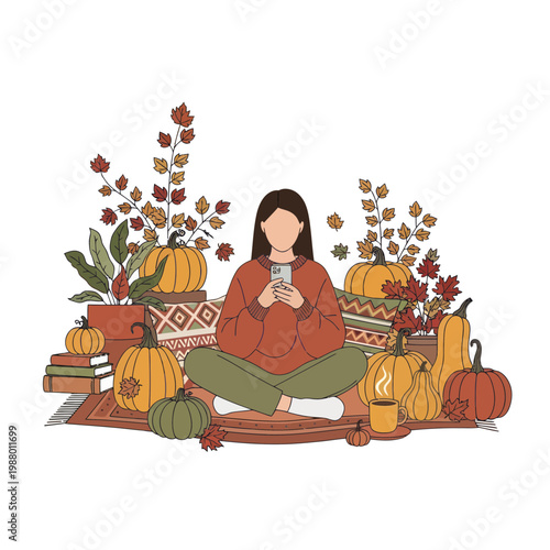 Cozy Autumn Scene: Woman with Phone Surrounded by Pumpkins and Fall Leaves