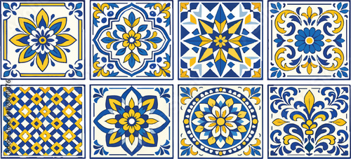 Mediterranean ceramic tile set with blue and yellow floral patterns, traditional Portuguese azulejo vector elements, 8 decorative mosaic tiles