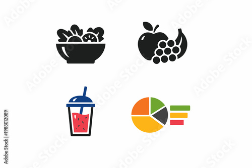 Colorful food and drink icons set with fruits and beverages