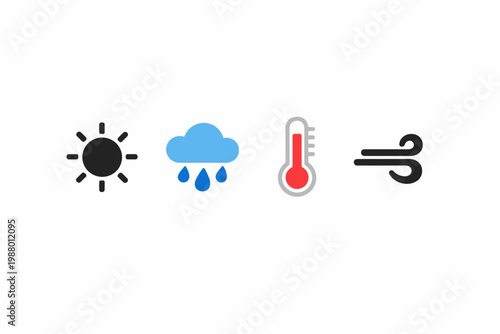 Weather icons: sun, rain, thermometer, wind symbols on white background