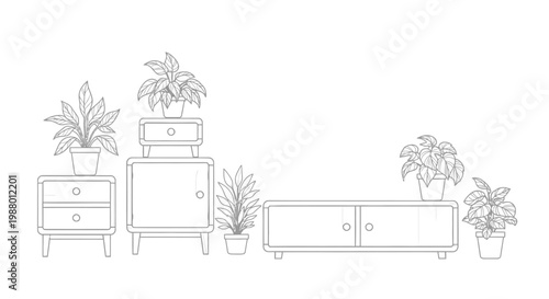 A minimalist line drawing depicts a mid century modern furniture arrangement with potted plants