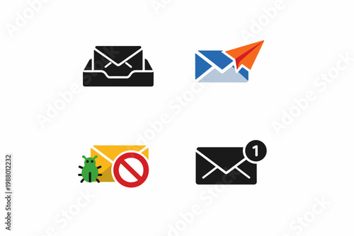 Email icons collection: envelopes, notifications, spam alert, send