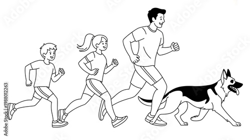 Active family running with their dog.