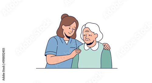Nursing care, healthcare professional, senior patient, caregiver support, medical assistance, vector illustration